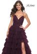 Picture of: A-Line Ruffle Tulle Gown with High Slit and Lace Up Back in Dark Berry, Style: 32086, Detail Picture 10