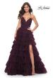 Picture of: A-Line Ruffle Tulle Gown with High Slit and Lace Up Back in Dark Berry, Style: 32086, Detail Picture 5