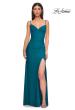 Picture of: Unique Jersey Prom Dress with Lace Panels and Scallop Neckline in Dark Teal, Style 32983, Main Picture