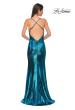 Picture of: Simple Metallic Jersey Dress with Draped Neckline and Low Back in Dark Teal, Style 32782, Detail Picture 8
