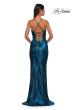 Picture of: Long Metallic Prom Dress with Ruching and Rhinestone Draped Neckline in Dark Teal, Style: 33032, Detail Picture 8