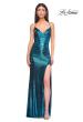 Picture of: Ruched Metallic Jersey Dress with Open Lace Up Back in Dark Teal, Style 32945, Detail Picture 9