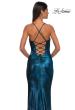 Picture of: Long Metallic Prom Dress with Ruching and Rhinestone Draped Neckline in Dark Teal, Style: 33032, Detail Picture 14