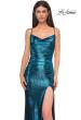 Picture of: Simple Metallic Jersey Dress with Draped Neckline and Low Back in Dark Teal, Style 32782, Detail Picture 17