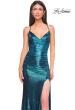 Picture of: Ruched Metallic Jersey Dress with Open Lace Up Back in Dark Teal, Style 32945, Detail Picture 17