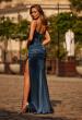 Picture of: Satin Fitted Gown with High Slit and Adjustable Spaghetti Straps in Dark Teal, Style: 33413, Back Picture