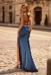 Picture of: Fitted Satin Gown with Plunging Neckline and Strappy Back in Dark Teal, Style: 33423, Back Picture