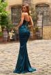 Picture of: Strapless Satin Gown with Ruching and Lace-Up Back in Dark Teal, Style: 33654, Back Picture