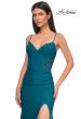 Picture of: Unique Jersey Prom Dress with Lace Panels and Scallop Neckline in Dark Teal, Style 32983, Detail Picture 1