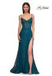 Picture of: Stretch Satin Prom Dress with Eyelet Detail Neckline in Dark Teal, Style 32671, Detail Picture 2