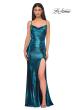 Picture of: Simple Metallic Jersey Dress with Draped Neckline and Low Back in Dark Teal, Style 32782, Detail Picture 7