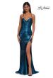 Picture of: Long Metallic Prom Dress with Ruching and Rhinestone Draped Neckline in Dark Teal, Style: 33032, Detail Picture 7