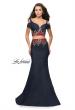 Picture of: Denim Two Piece Prom Dress with Floral Applique in Dark Wash, Style: 25848, Main Picture