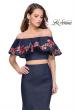 Picture of: Two Piece Denim Dress with Floral and Ruffle Detail in Dark Wash, Style: 26013, Detail Picture 1