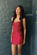 Picture of: Strapless Lace Applique Corset Cocktail Dress in Deep Red, Style 33242, Detail Picture 7