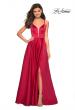 Picture of: Long Satin Formal Gown with Leg Slit and Strappy Back in Deep Red, Style: 26994, Detail Picture 2