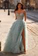 Picture of: Soft Ruffle Tulle Gown with an Illusion Corset Style Top in Dusty Blue, Style 32528, Main Picture