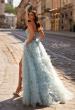 Picture of: Soft Ruffle Tulle Gown with an Illusion Corset Style Top in Dusty Blue, Style 32528, Back Picture