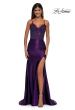 Picture of: Ruched Satin Evening Dress with Sheer Lace Top and Scallop Neckline in Eggplant , Style: 32689, Detail Picture 5