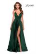 Picture of: Long Satin Dress with Side Slit and V Shaped Back in Emerald, Style: 28607, Main Picture