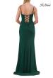 Picture of: Ruched Jersey Gown with Lace-Up Back and High Slit in Emerald, Style: 33298, Detail Picture 8