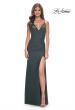 Picture of: Simple Jersey Gown with Deep V Neckline and Ruching in Emerald, Style: 32115, Detail Picture 3