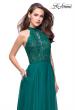 Picture of: Long A Line Chiffon Dress with Lace Up Neckline in Forest Green, Style: 25347, Detail Picture 2