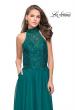 Picture of: Long A line Chiffon Dress with High Neck Lace Up Top in Forest Green, Style: 25355, Detail Picture 2