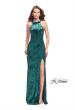 Picture of: Crushed Velvet Prom Dress with High Neckline and Leg Slit in Forest Green, Style: 25734, Detail Picture 2