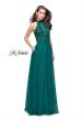 Picture of: Long A Line Chiffon Dress with Lace Up Neckline in Forest Green, Style: 25347, Detail Picture 5