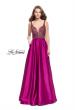 Picture of: Long Satin Dress with A Line Skirt and Beaded Top in Fuchsia, Style: 25348, Main Picture