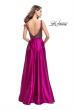 Picture of: Long Satin Dress with A Line Skirt and Beaded Top in Fuchsia, Style: 25348, Back Picture