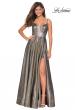 Picture of: Metallic A-line Prom Gown with Side Leg Slit in Gold Black, Style: 27619, Main Picture