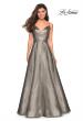 Picture of: Metallic Long Evening Gown with Plunging Neckline in Gold Black, Style: 27322, Detail Picture 1