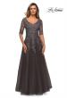 Picture of: Long A-line Dress with Lace Bodice and V-neck in Gunmetal, Style: 27993, Main Picture