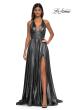 Picture of: A-line Metallic Net Jersey Halter Gown with High Slit in Gunmetal, Style: 32917, Detail Picture 8