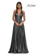 Picture of: A-line Metallic Net Jersey Halter Gown with High Slit in Gunmetal, Style: 32917, Detail Picture 10
