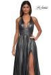 Picture of: A-line Metallic Net Jersey Halter Gown with High Slit in Gunmetal, Style: 32917, Detail Picture 22