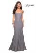 Picture of: Open Back Stretch Lace Long Prom Dress in Gunmetal, Style: 27709, Detail Picture 1