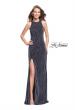 Picture of: Beaded Velvet Patterned Long Prom Dress with Slit in Gunmetal, Style: 26116, Detail Picture 2