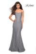 Picture of: Stretch Lace Gown with Square Neckline and Open Back in Gunmetal, Style: 27565, Detail Picture 2