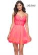 Picture of: Short Dress with Flared Skirt and Sheer Lace Bodice in Hot Coral in Hot Coral, Style: 31469, Main Picture