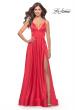 Picture of: A-Line Satin Gown with Ruched Bodice and V Neck in Neon in Hot Coral, Style: 31121, Main Picture