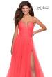 Picture of: Long Tulle A-line Gown with Side Slit and Pockets in Hot Coral, Style: 28561, Style: 28561