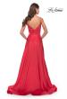 Picture of: A-Line Satin Gown with Ruched Bodice and V Neck in Neon in Hot Coral, Style: 31121, Back Picture