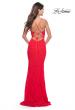 Picture of: Fitted Stretch Lace Prom Dress with Banded Waist in Neon in Hot Coral, Style: 31417, Back Picture