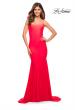 Picture of: Chic Luxe Jersey Gown with Train and V Back in Bright Colors in Hot Coral, Style: 30682, Detail Picture 1