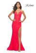 Picture of: Rhinestone Lace Embellished Prom Dress with High Side Slit in Bright Colors in Hot Coral, Style: 31404, Detail Picture 1
