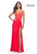 Picture of: Lace Asymmetrical Gown with Jersey Skirt and Twist Knot Detail in Neon in Hot Coral, Style: 31447, Detail Picture 1