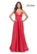 Picture of: A-Line Satin Gown with Ruched Bodice and V Neck in Neon in Hot Coral, Style: 31121, Detail Picture 3